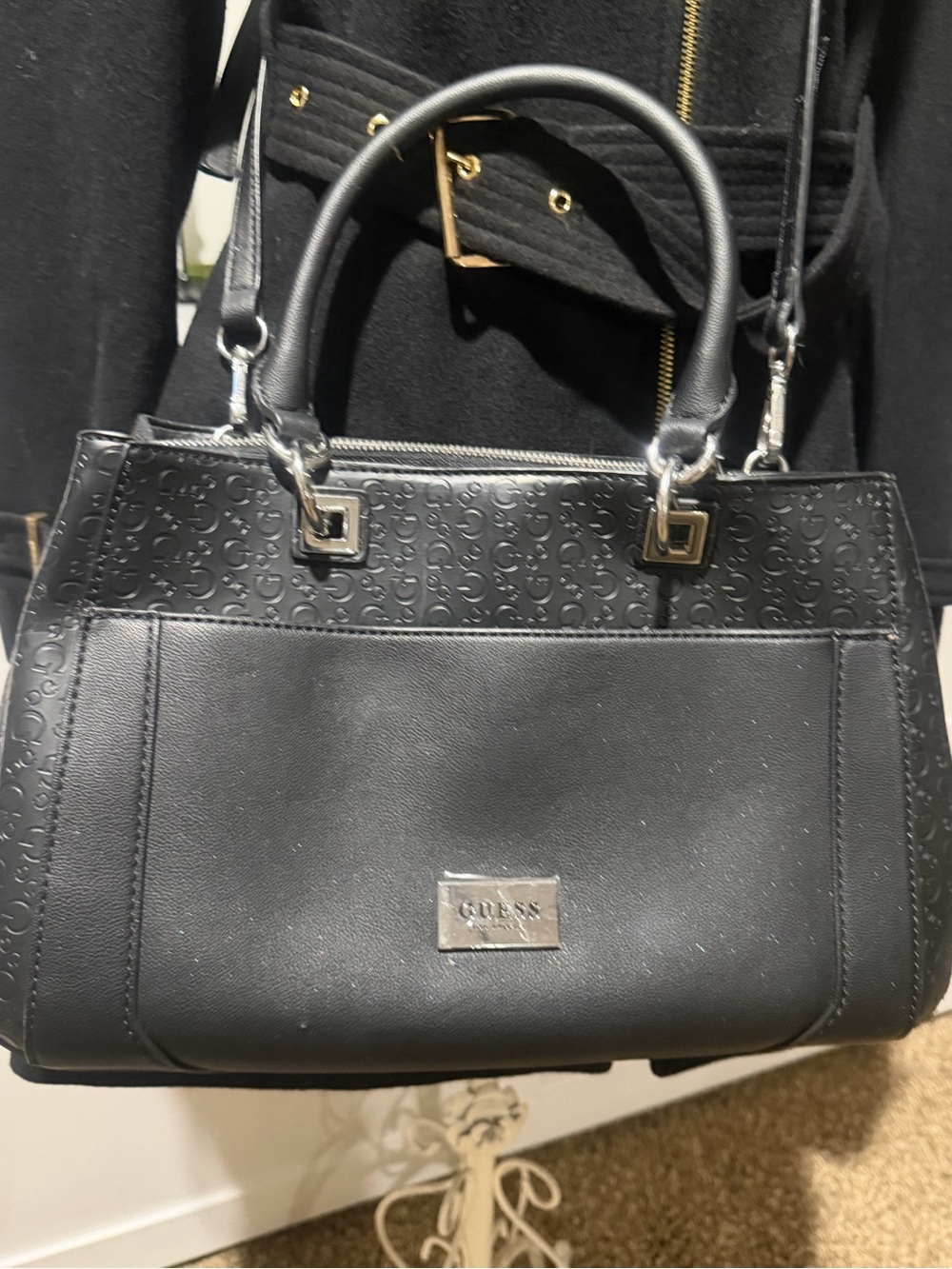 Guess Black Logo-Embossed Satchel with Silver Accents